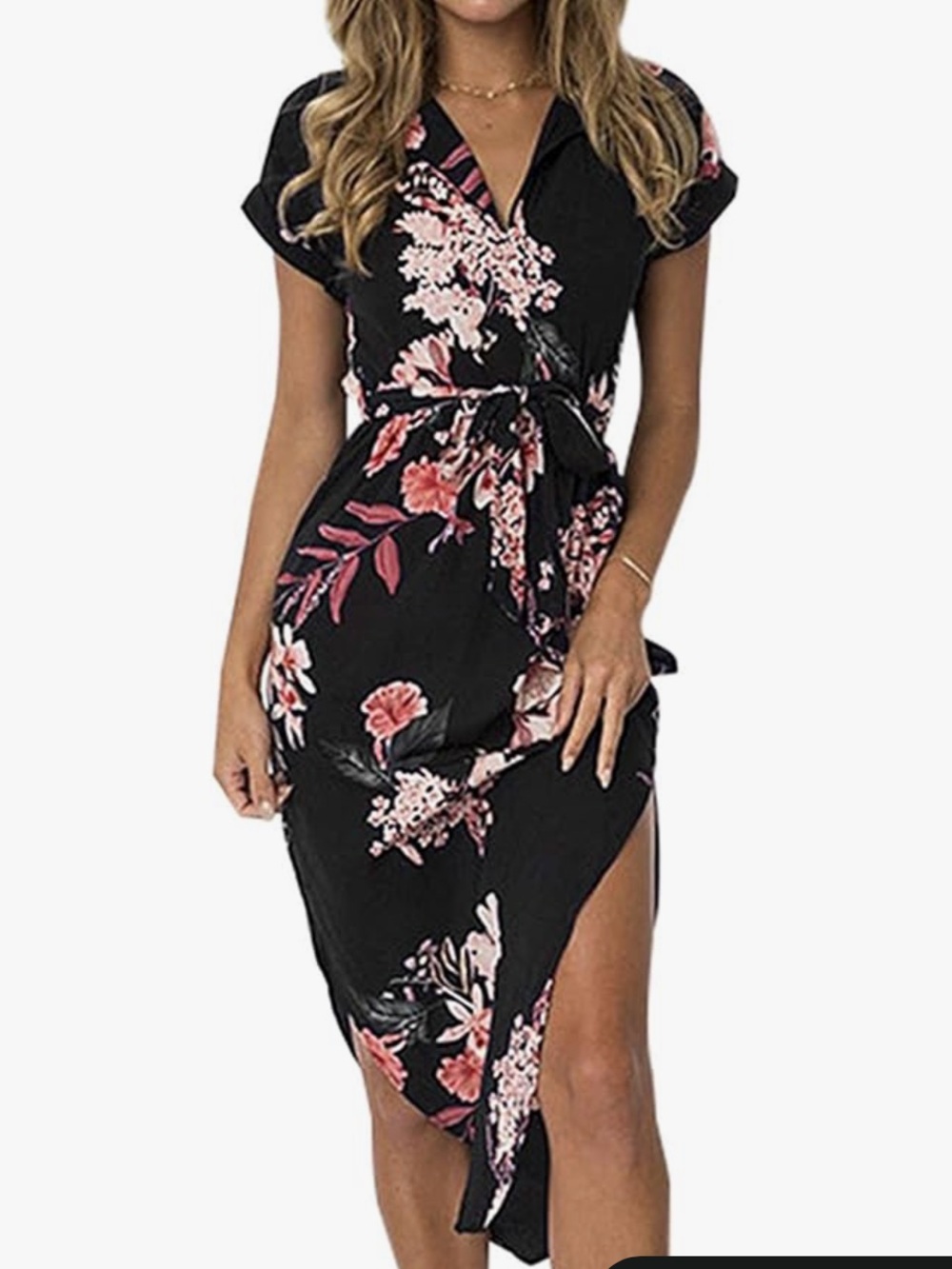Floral Wrap Midi Dress in Black and Pink, XXL